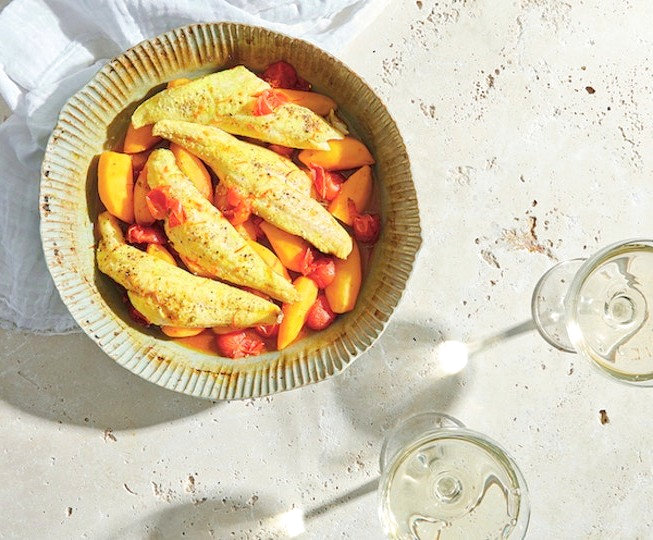 Приготовления Рыбный картофельный противень с помидорами и шафраном фото рецепта Фото рецепт Рыбный картофельный противень с помидорами и шафраном как приготовить